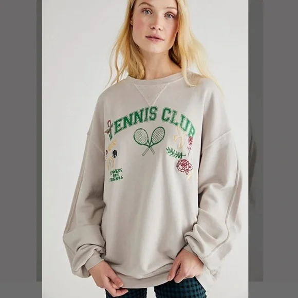 Free People Over and Out Graphic Vintage looking Pullover Tennis Sweatshirt NWOT - Picture 4 of 15